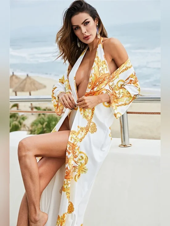 Baroque Swimwear Set Plunge Halter One-Piece Longline Swim Longline Cover-Up